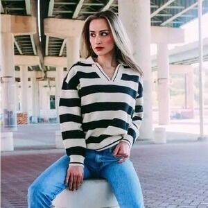 NWT‎ FRNCH Mika Striped Crop Collared V Neck Sweater Black Ivory M